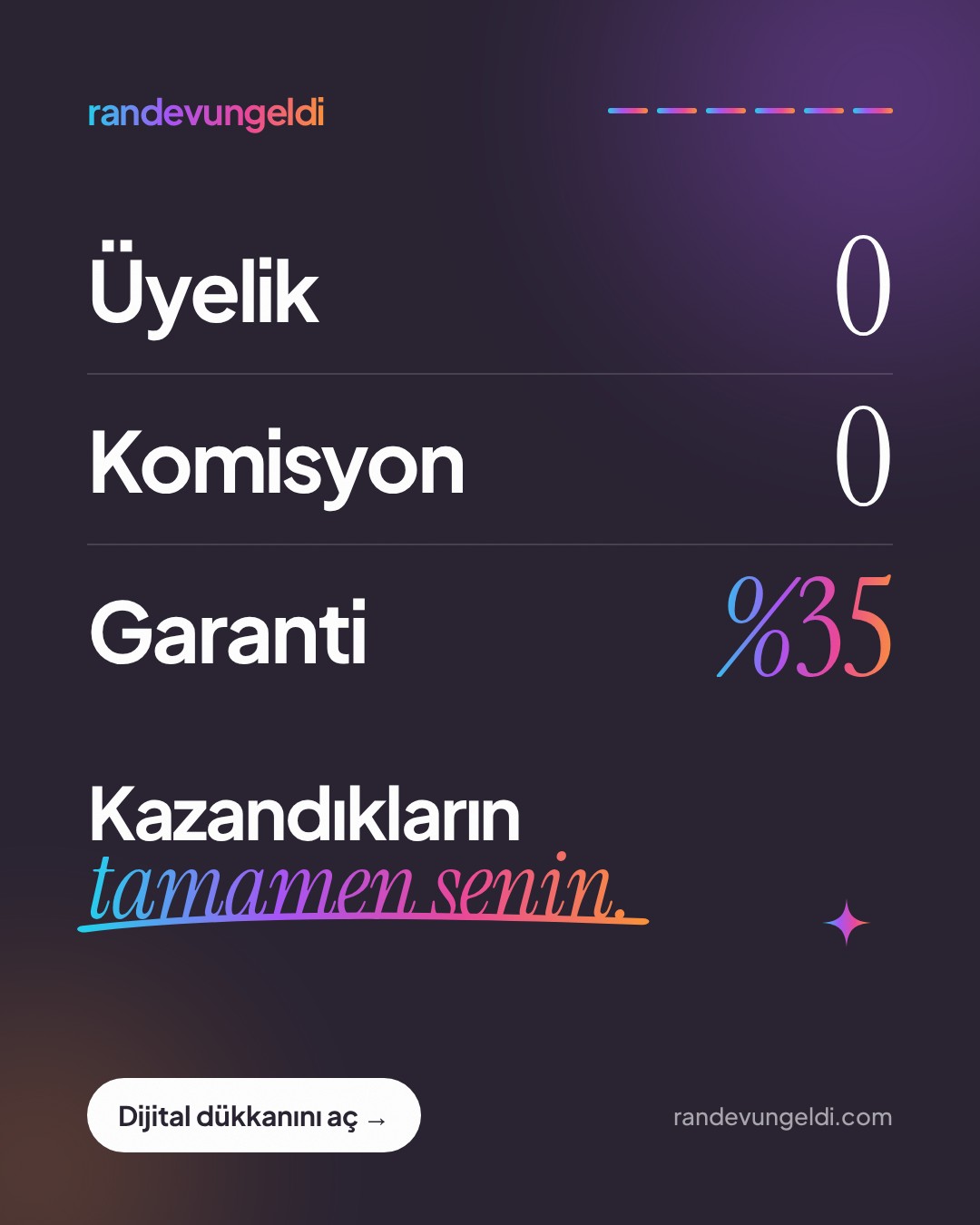 Üyelik 0, komisyon 0, garanti %35.